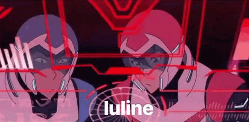 a couple of cartoon characters are standing next to each other in front of a screen with the word luline on it .
