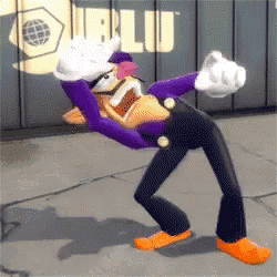 a cartoon character with purple pants and orange shoes is dancing on a sidewalk .