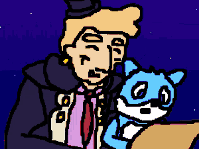 a cartoon of a man with a top hat holding a cat