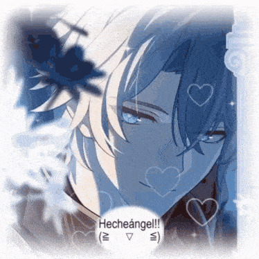 a picture of a boy with hearts and the words hecheangel on the bottom