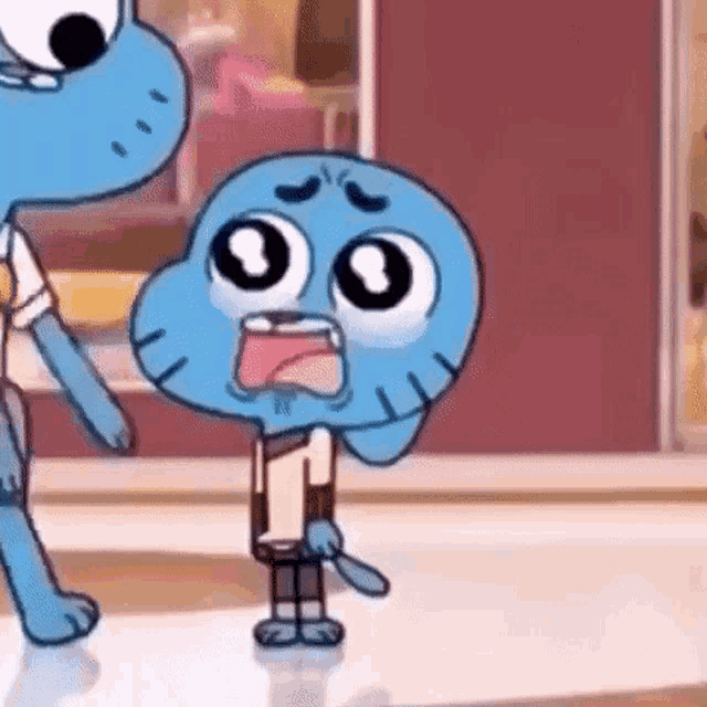gumball from the amazing world of gumball is crying while standing next to a cat .