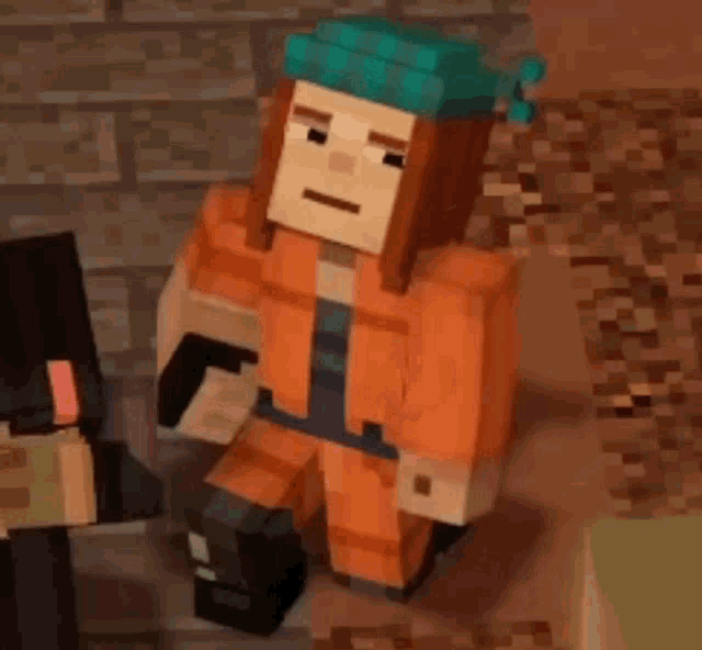 a minecraft character wearing an orange jacket and a blue hat is standing next to another character .