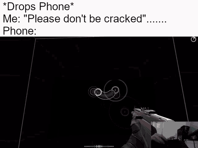 a screenshot of a video game with the caption " drops phone me please don 't be cracked phone "