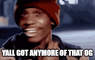 a man wearing a red hat and a brown jacket is smiling and says `` yall got anymore of that og '' .