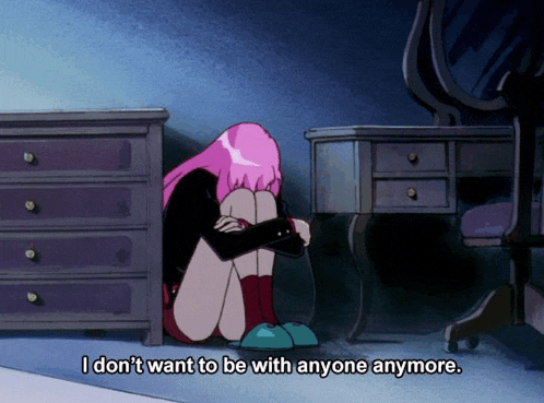 a girl with pink hair is sitting on the floor with the words " i don 't want to be with anyone anymore " below her