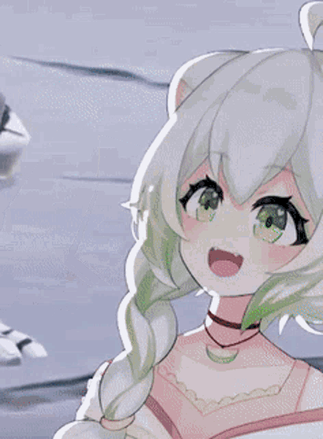 a close up of a anime girl with white hair and green eyes