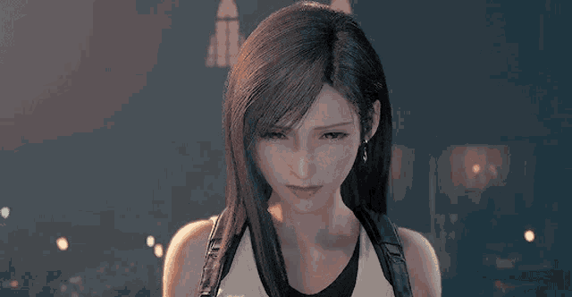 a woman with long black hair is wearing earrings and a backpack