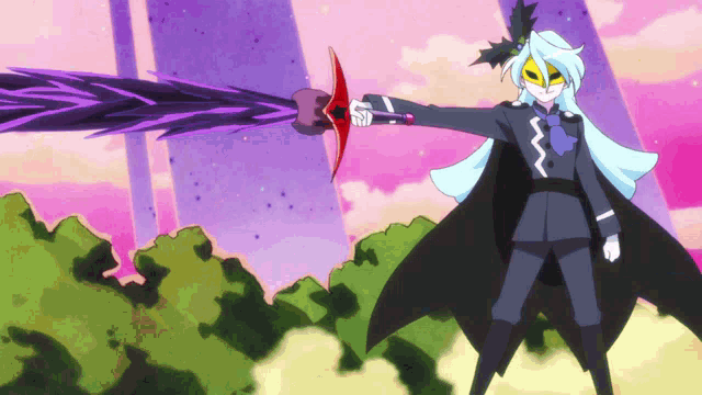 a cartoon character is holding a sword with a purple and red blade