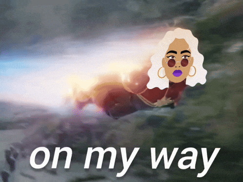 a cartoon of a woman flying with the words on my way below her