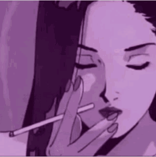 a purple cartoon of a woman smoking a cigarette .
