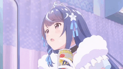 a girl with a tiara on her head holds a can of soda