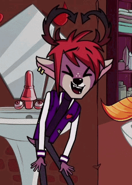 a cartoon character with horns and red hair is standing in front of a mirror