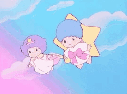 a couple of little twin stars flying in the sky holding hands .
