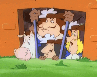 a group of cartoon characters looking out of a window