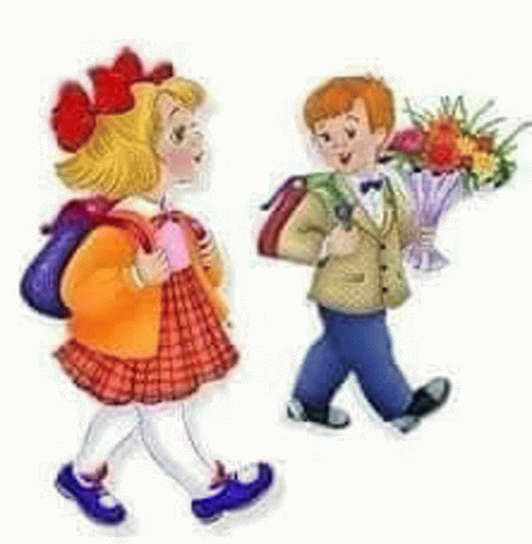 a boy and a girl are walking down the street . the boy is holding a bouquet of flowers .