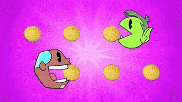two cartoon characters are standing next to each other on a pink background