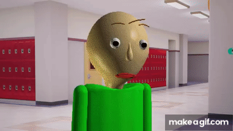a cartoon character with a green shirt is standing in a hallway with lockers