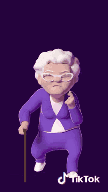 an animated cartoon of an elderly woman holding a cane with tiktok written on the bottom