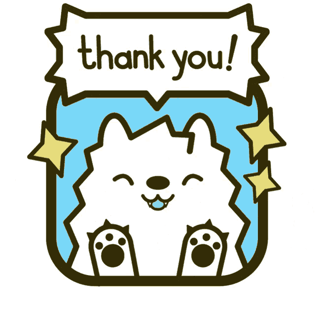 a cartoon of a dog saying thank you with a speech bubble