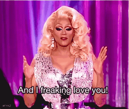 a woman in a sequined dress is saying and i freaking love you