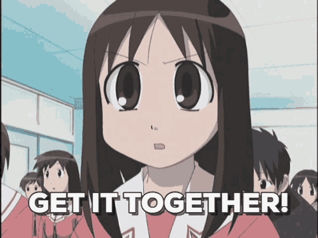 a cartoon girl says get it together in front of a group of children