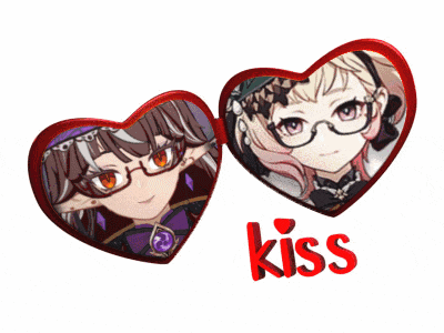 two anime characters in heart shaped frames with the word kiss underneath them