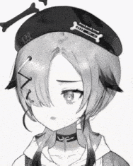 a black and white drawing of a girl wearing a skull and crossbones hat