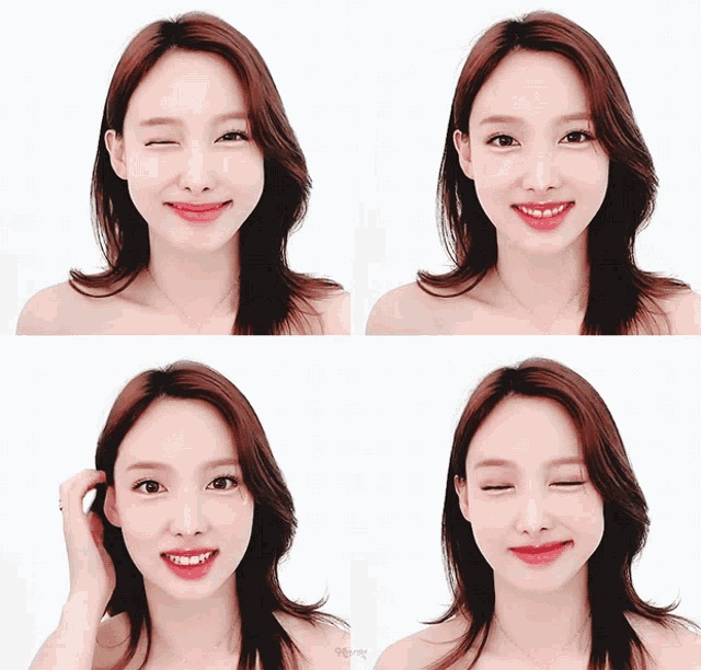 a woman 's face is shown in a collage of four different facial expressions including one that is winking