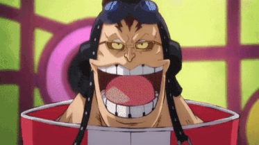 a close up of a cartoon character with glasses and a large smile .