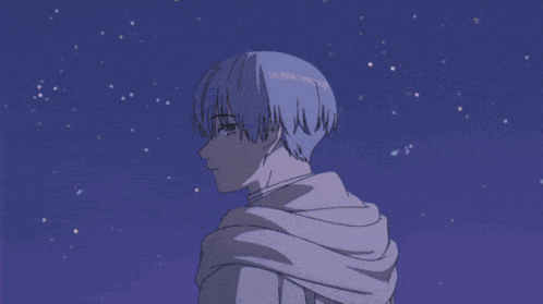 a drawing of a boy with blue hair looking at the stars in the sky