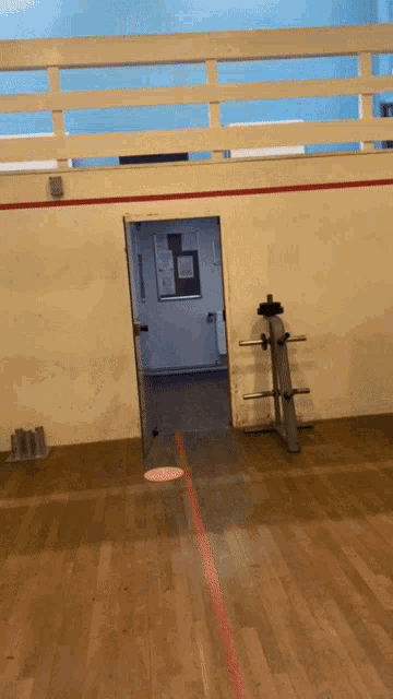a gym with a red line on the floor and a door