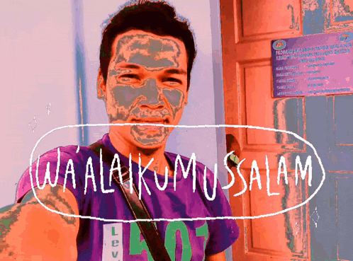 a man with a mask on his face is standing in front of a sign that says wa alaikumussalam