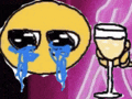 a cartoon of a crying smiley face next to a glass of wine .