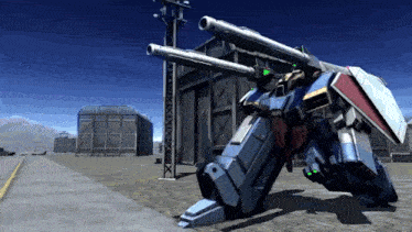 a robot with a shield on its back is standing in front of a building with the letter x on it