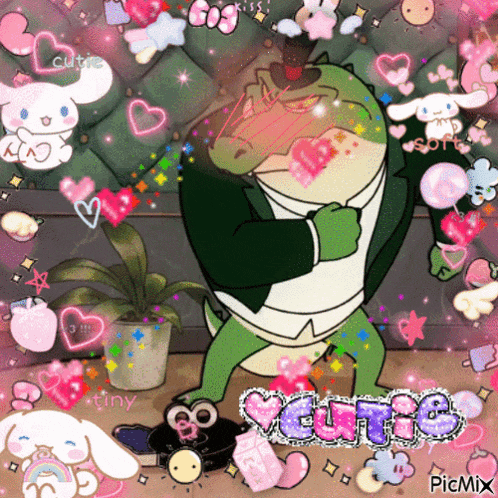a cartoon of a crocodile with the word cutie on the bottom right
