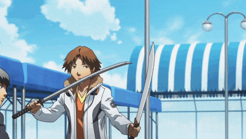 a man in a white jacket is holding a sword