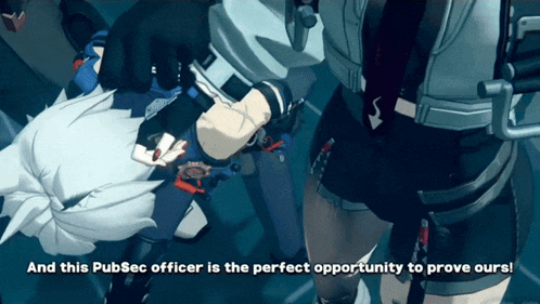 a screenshot of a video game with the words and this pubsec officer is the perfect opportunity to prove ours