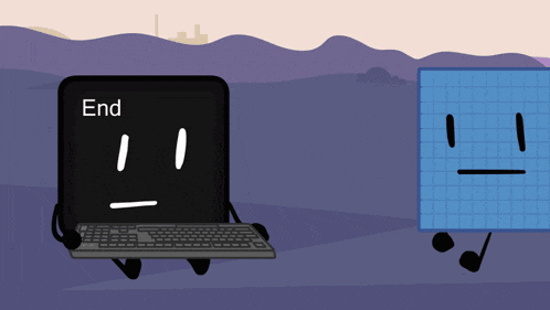a cartoon drawing of a computer with the word end on the screen