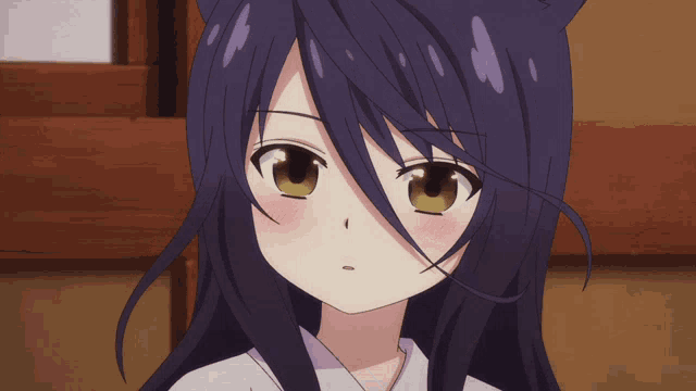 a close up of a anime girl with purple hair