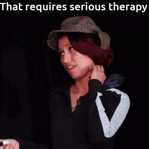 a woman wearing a hat and a black jacket with the words that requires serious therapy above her