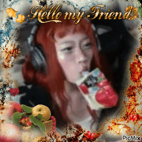 a picture of a woman drinking from a carton with the words " hello my friend " on top