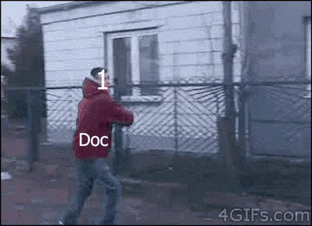 a man in a red jacket with the word doc on his back