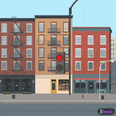 an illustration of a city street with a red light and a 3look logo on the bottom right