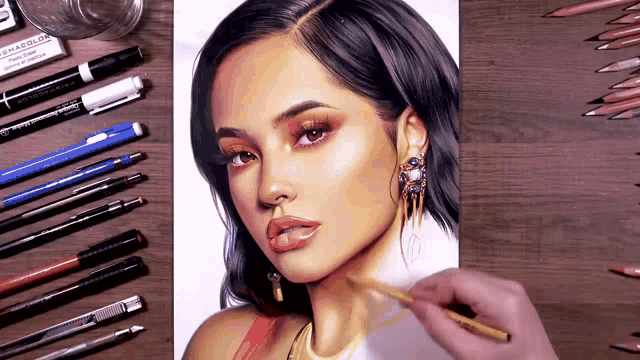 a person is drawing a woman 's face with a prismacolor pencil in the foreground