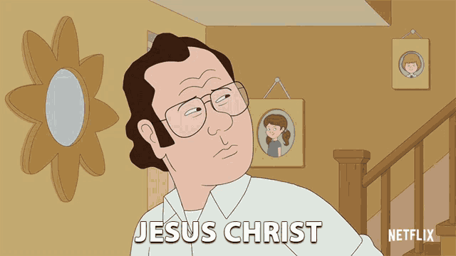 a cartoon of a man with glasses and the words jesus christ on the bottom