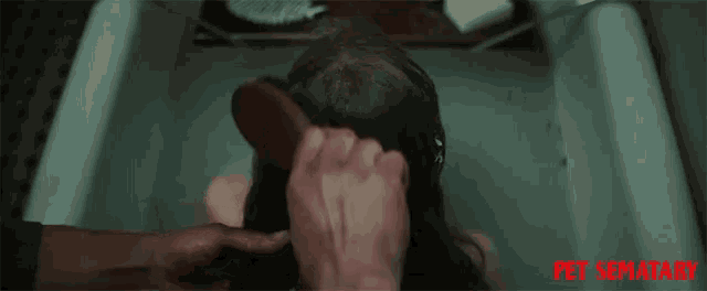 a person is touching a woman 's hair in a bathtub with the words pet sematary on the bottom right