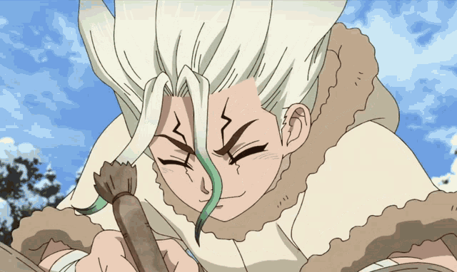 a cartoon character with white hair and a fur coat is writing on a piece of paper with a brush