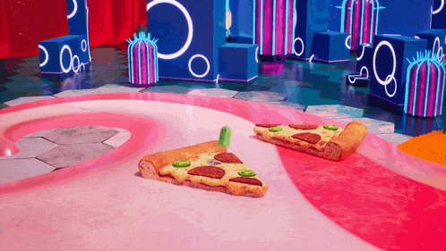 two slices of pepperoni pizza are sitting on a pink carpet