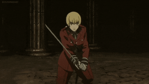 a man in a red suit is holding a sword in a dark room with kissanime written on the bottom