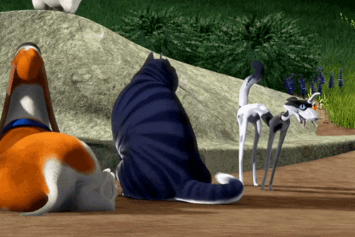 three cartoon animals including a cat and a dog are sitting on the ground